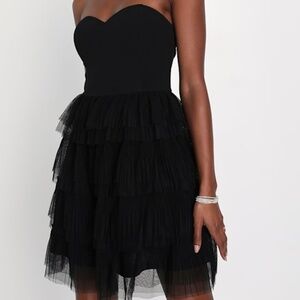Lulus Fabulous Thoughts Black Tulle Strapless Tiered Mini Dress - Size M